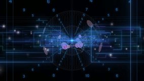 On scene load globe rotating with orbiting user-icon nodes glowing lines visualizing network flow. Technology, connectivity, cyberspace, innovation, digital, futuristic, data visualization - Powered by Shutterstock - Get 15% off with code: PIKWIZARD15