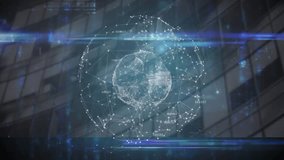 Opening showing points connecting into globe rotating over glass facade for network visualization. Futuristic, technology, cyber, data, abstract, innovation, digital - Powered by Shutterstock - Get 15% off with code: PIKWIZARD15