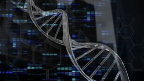 Metallic DNA helix appearing against dark skyline rotating clockwise pulsing syncing data visuals. Science, biotechnology, data, digital, innovation, futuristic, technology - Powered by Shutterstock - Get 15% off with code: PIKWIZARD15