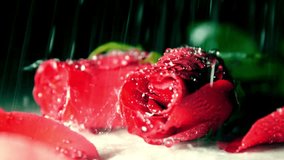 A dramatic macro shot of beautiful red roses in the rain. Water droplets fall in slow motion on the delicate petals against a dark background. - Powered by Shutterstock - Get 15% off with code: PIKWIZARD15