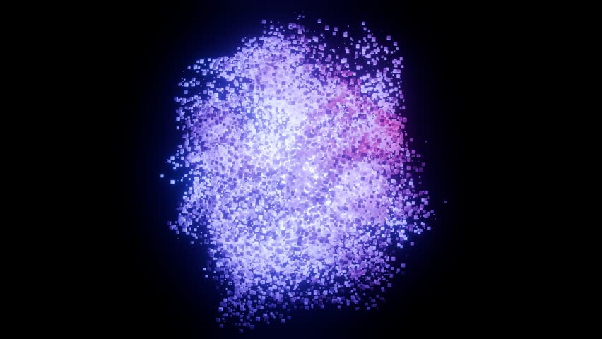 Glowing Abstract Cloud of Digital Data Particles. Neon Cubes Representing Information Flow, Big Data Analytics, Cloud Computing, and Cyber Technology. Seamless loop. Created using non-AI 3d software