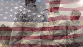 Three soldiers facing rising American flag overlay, leftmost soldier initiating salute for ceremony. Military, patriotism, discipline, unity, outdoor, ceremony, solemnity - Powered by Shutterstock - Get 15% off with code: PIKWIZARD15