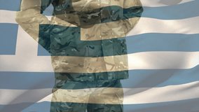 Flag drifting revealing camouflaged soldier, raising salute honoring Greek flag in military tribute. Patriotism, discipline, respect, solemnity, unity, heroism, bravery - Powered by Shutterstock - Get 15% off with code: PIKWIZARD15