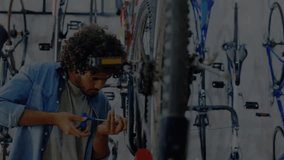 Bicycle mechanic gripping wrench and adjusting spokes while schematic overlays updating alignment. Mechanic, precision, technology, industry, workshop, adjustment, innovation - Powered by Shutterstock - Get 15% off with code: PIKWIZARD15