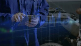 Technician tapping tablet showing finance candlestick graphs as colleague inspecting engine metrics. Technology, engineering, innovation, industrial, collaboration, digital, analytics - Powered by Shutterstock - Get 15% off with code: PIKWIZARD15