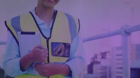 Woman holding tablet on balcony starting chart overlay wearing hard hat for construction monitoring. Technology, progress, innovation, professionalism, urban, leadership, data - Powered by Shutterstock - Get 15% off with code: PIKWIZARD15