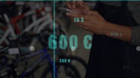 Retail worker tapping smartphone and scrolling while showing currency chart tracking sales growth. Technology, data, analytics, training, dashboard, finance, innovation - Powered by Shutterstock - Get 15% off with code: PIKWIZARD15