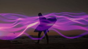 Silhouette surfer entering sunset shore walking while dog joining with purple wave rippling. Silhouette, beach, ocean, sunset, tranquility, companionship, digital wave - Powered by Shutterstock - Get 15% off with code: PIKWIZARD15