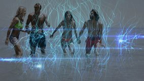 Four beachgoers playing flickering technology overlay while lifting arms and running through waves. Beach, friendship, energy, vibrant, recreation, digital, dynamic - Powered by Shutterstock - Get 15% off with code: PIKWIZARD15