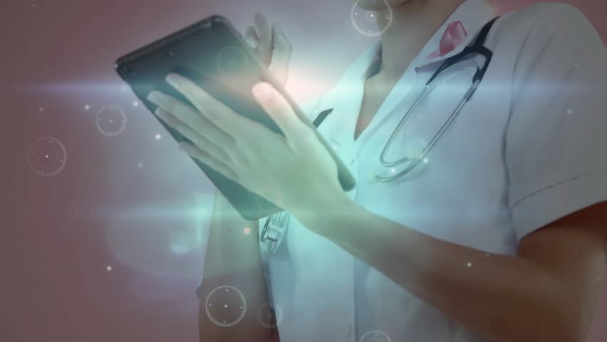 Female doctor tapping tablet and initiating animated network graphics for data exploration. Futuristic, technology, healthcare, interface, digital, innovation, professional - Powered by Shutterstock - Get 15% off with code: PIKWIZARD15