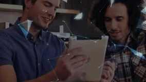 Two colleagues tapping and pointing tablet forming lines into rotating 3D data globe in technology. Technology, collaboration, analytics, innovation, digital, networking, workspace - Powered by Shutterstock - Get 15% off with code: PIKWIZARD15