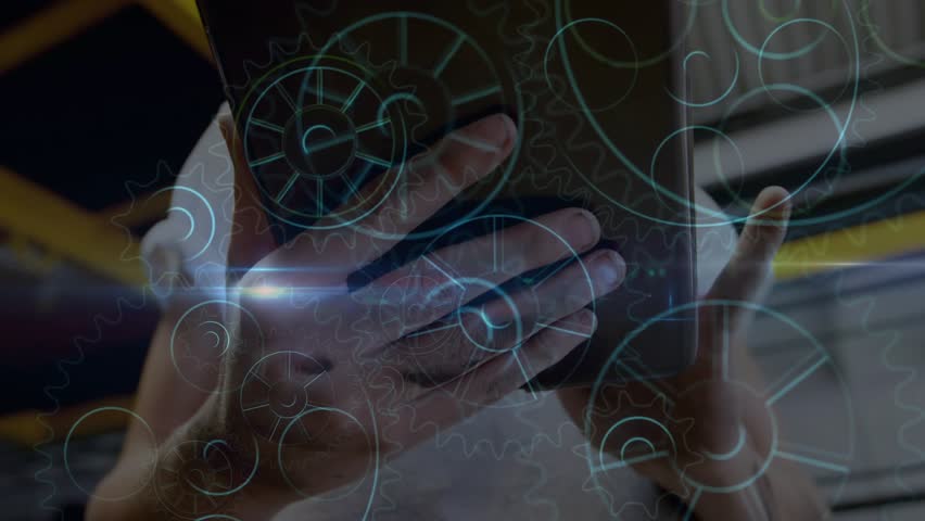 Female technician tapping tablet under factory beams, realigning holographic gears for inspection. Technology, innovation, industrial, engineering, futuristic, automation, manufacturing