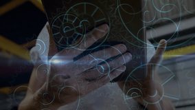 Female technician tapping tablet under factory beams, realigning holographic gears for inspection. Technology, innovation, industrial, engineering, futuristic, automation, manufacturing - Powered by Shutterstock - Get 15% off with code: PIKWIZARD15