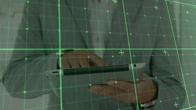 Faint green grid overlay animating as professional gesturing tablet supporting data analysis. Technology, innovation, business, digital, futurism, analytics, workspace - Powered by Shutterstock - Get 15% off with code: PIKWIZARD15