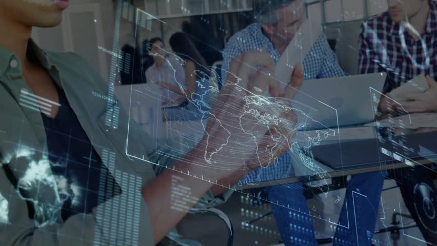 Tech analyst tapping tablet swiping floating map while team observing revealing business insights. Technology, collaboration, innovation, data, visualization, enterprise, digital - Powered by Shutterstock - Get 15% off with code: PIKWIZARD15