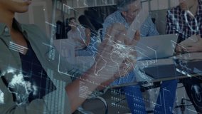 Tech analyst tapping tablet swiping floating map while team observing revealing business insights. Technology, collaboration, innovation, data, visualization, enterprise, digital - Powered by Shutterstock - Get 15% off with code: PIKWIZARD15