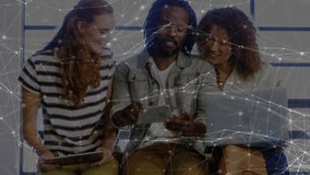 Man unlocking smartphone and initiating network overlay while team collaborating on tech project. Collaboration, teamwork, digital, innovation, communication, modern, networking - Powered by Shutterstock - Get 15% off with code: PIKWIZARD15