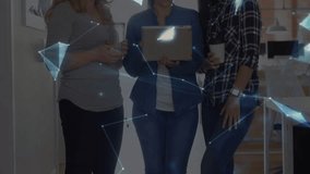 Teenage girl tapping tablet women leaning reviewing business data as globe emerging on hand graphic. Collaboration, technology, innovation, connectivity, teamwork, digital, futuristic - Powered by Shutterstock - Get 15% off with code: PIKWIZARD15