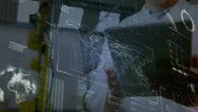 Adult man initiating map with data overlays by raising hand and tapping tablet for data analysis. Holography, data visualization, digital interface, technology, analytics, interface design, futuristic - Powered by Shutterstock - Get 15% off with code: PIKWIZARD15