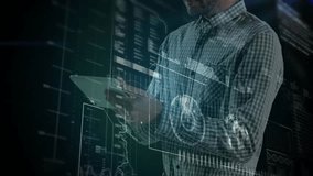 Man lifting tablet into view in data lab, tapping swiping charts gauge globe reviewing data. Technology, data visualization, innovation, futuristic, analytics, digital, interface - Powered by Shutterstock - Get 15% off with code: PIKWIZARD15