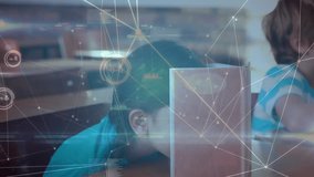 Network overlay sparking education, girl reading divider, boy viewing tablet, girl rotating globe. Innovation, collaboration, technology, diversity, exploration, knowledge, advancement - Powered by Shutterstock - Get 15% off with code: PIKWIZARD15