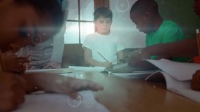 Teacher guiding children finishing notes in notebooks while animated study icons drifting. Educational, teamwork, classroom, learning, children, collaboration, mentorship - Powered by Shutterstock - Get 15% off with code: PIKWIZARD15