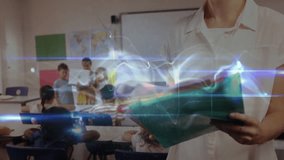 Female teacher flipping folder supporting student presenters, light glow traveling across classroom. Education, classroom, teaching, learning, collaboration, training, instruction - Powered by Shutterstock - Get 15% off with code: PIKWIZARD15