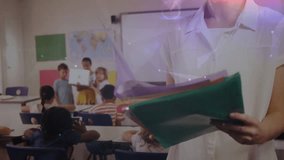 Teacher flipping folder as students rising and presenting poster at whiteboard during class. Education, classroom, teaching, lesson, learning, student, presentation - Powered by Shutterstock - Get 15% off with code: PIKWIZARD15