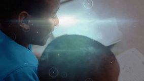 Classmates leaning over open book at desk while camera panning sparking streaks animating learning. Education, teamwork, innovation, collaboration, focus, curiosity, youth - Powered by Shutterstock - Get 15% off with code: PIKWIZARD15