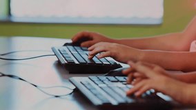 Two coworkers typing padlock unlocking rotating camera shutter pulsing lightbulb for tech security. Collaboration, teamwork, cybersecurity, digital security, innovation, office environment, modern - Powered by Shutterstock - Get 15% off with code: PIKWIZARD15