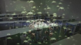 Green droplets drifting across hall before virus model emerging rotating showing contamination risk. Futuristic, microbiology, science, research, education, sterile, digital - Powered by Shutterstock - Get 15% off with code: PIKWIZARD15