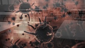 Translucent shapes drifting into view, forming rotating virus particles visualizing cafeteria risk. Infection, microbiology, biomolecular, contagion, science, science fiction, health - Powered by Shutterstock - Get 15% off with code: PIKWIZARD15