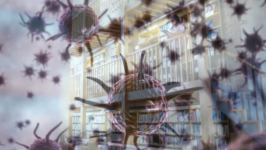Spiky viral particles floating and receding over library, revealing woman reading for health study. Microscopic, scientific, educational, modern, professional, detailed, inspiring - Powered by Shutterstock - Get 15% off with code: PIKWIZARD15