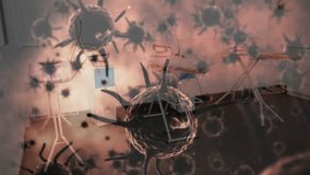 Viral particles materializing and swirling toward camera then receding to reveal clear medical room. Microbiology, healthcare, visualization, science, clinical, infection, technology - Powered by Shutterstock - Get 15% off with code: PIKWIZARD15