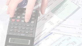 Hand entering pressing calc buttons making purple digits spiraling, fading for invoice calculation. Financial, data, analysis, corporate, digital, technology, precision - Powered by Shutterstock - Get 15% off with code: PIKWIZARD15