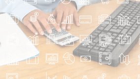 Woman's hands placing calculator and calculating finance figures using animated icons over binder. Professional, productivity, corporate, data, digital, modern, analytical - Powered by Shutterstock - Get 15% off with code: PIKWIZARD15