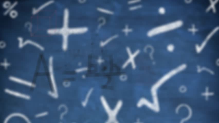 After static board animation revealing Heron's formula drawing triangle solving quadratic equation. Educational, abstract, infographic, instructional, geometric, analytical, mathematical