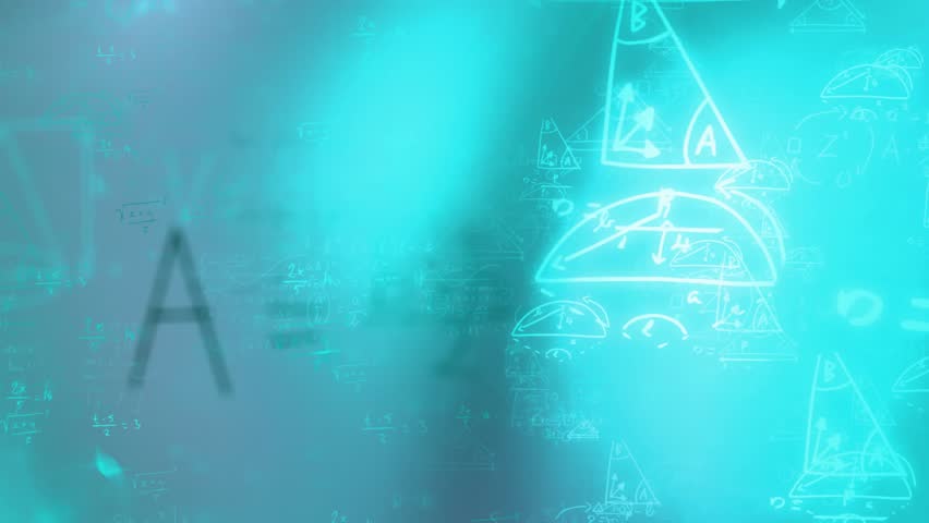 Turquoise glow starting triangles, arcs forming while unit circle sweeping expressions showing math. Abstract, geometric, digital, luminous, futuristic, innovative, scientific
