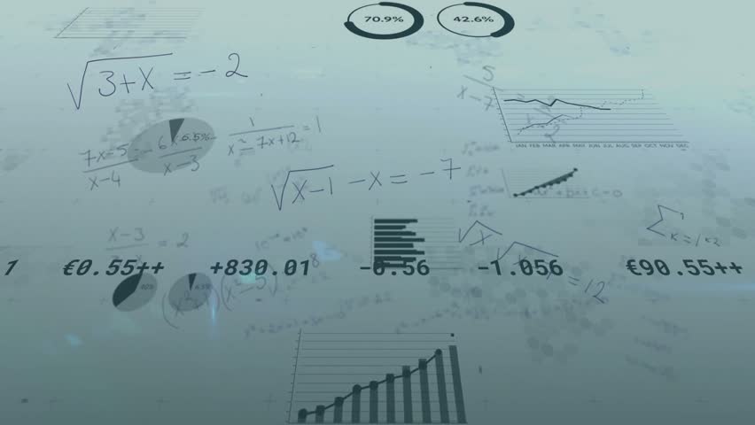 After numbers fading in, interface animating bars and dials with formulas cycling showing analytics. Finance, data visualization, analytics, technology, digital interface, abstract, futuristic - Powered by Shutterstock - Get 15% off with code: PIKWIZARD15