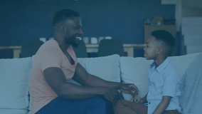 Father leaning offering support triggers educational doodle icons fading while son jumping for hug. Family, mentorship, inspiration, modern, nurturing, affection, creativity - Powered by Shutterstock - Get 15% off with code: PIKWIZARD15