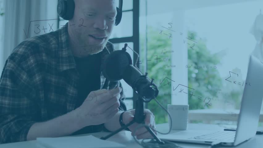 Educator adjusting mic connector and narrating math in office with formulas evolving to calculus. Studio setup, digital content, educational technology, minimalist design, intellectual pursuit,