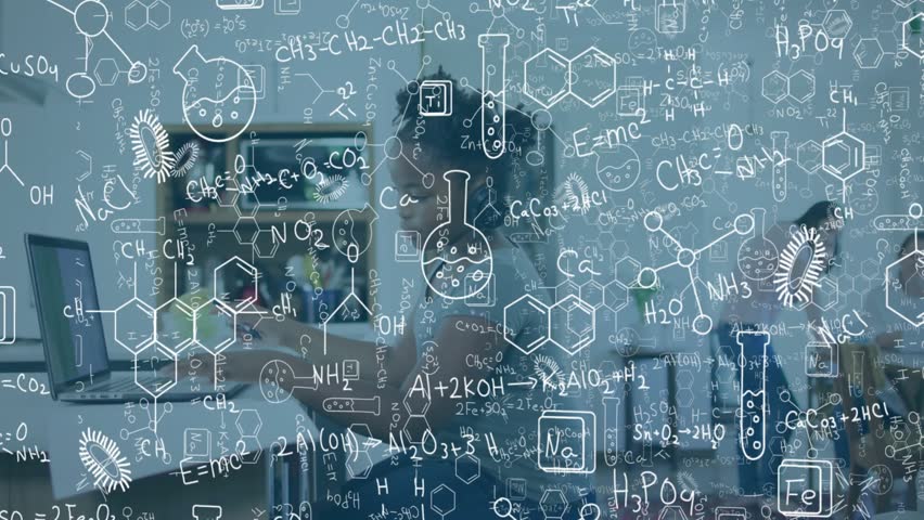 Scientist typing on laptop showing molecules and noting findings while glancing aside for research. Research, innovation, education, professionalism, workspace, creativity, modern