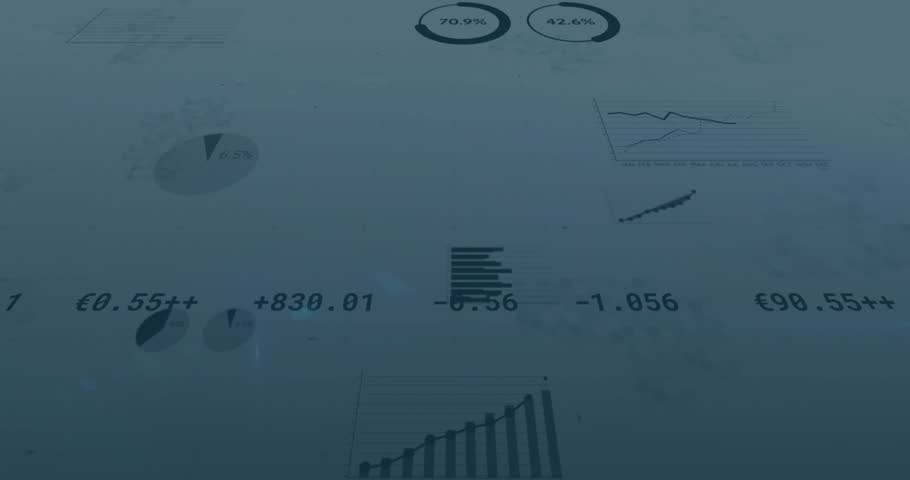 Charts scrolling initiating virus doodle rotating, icons sliding, pulsing to show pandemic economy. Pandemic, healthcare, data visualization, medical, digital, safety, statistics