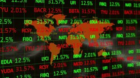Opening orange world map showing scrolling tickers updating green red percents displaying trends. Finance, analytics, data visualization, technology, digital, futurism, investment - Powered by Shutterstock - Get 15% off with code: PIKWIZARD15