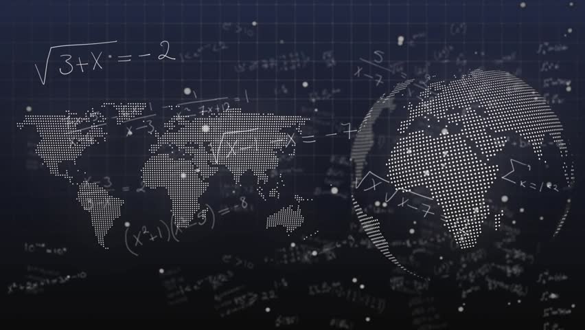 Opening grid starting drifting snow and sliding code, dotted map and turning globe visualizing data. Technology, digital, futuristic, abstract, data, innovation, modern