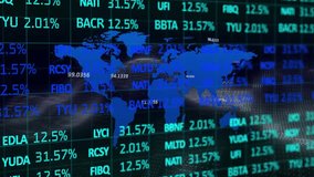 Bright blue digital world map reacting to data feed shifting ticker rates for market trend view. Data visualization, financial, technology, abstract, digital, futuristic, analytics - Powered by Shutterstock - Get 15% off with code: PIKWIZARD15