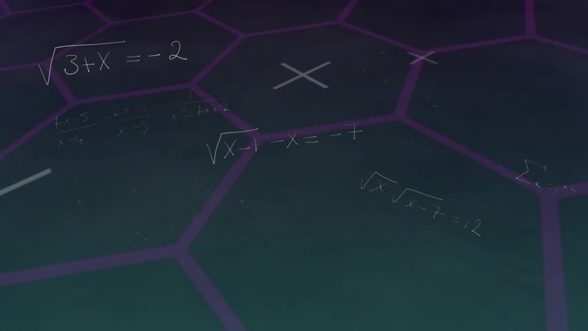 Formulas appearing then drifting downward, dispersing while highlighting hex grid visualizing math. Abstract, digital, futuristic, geometric, scientific, interface, visualization