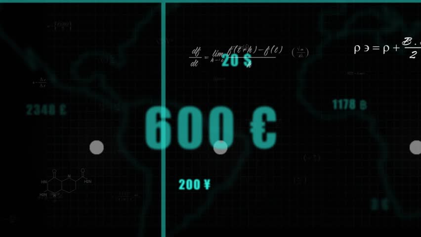 Fading large currency labels while bars rising and trend lines tracing data with formulas floating. Data visualization, financial analysis, digital interface, scientific concepts, modern design, - Powered by Shutterstock - Get 15% off with code: PIKWIZARD15