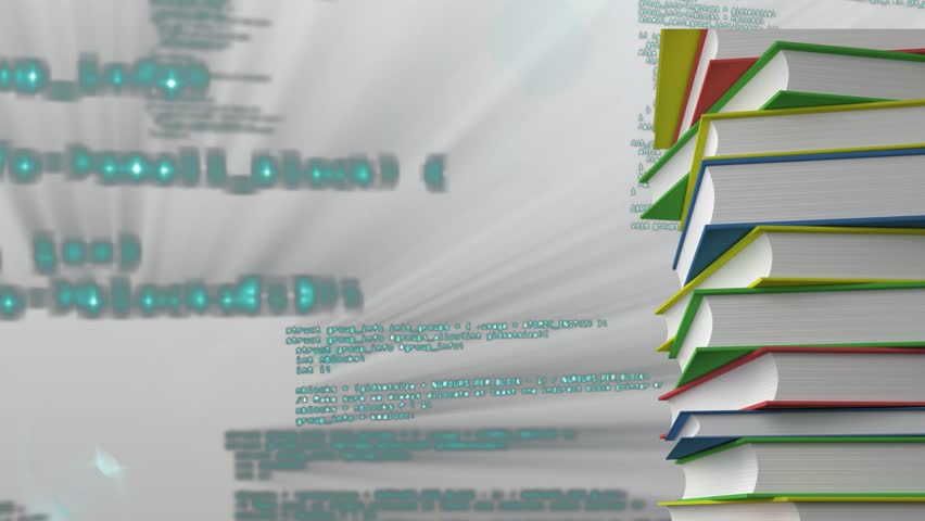 Blurry code drifting left, scrolling while formulas graph and Venn-diagram animating by book stack. Technology, education, data, analysis, innovation, research, digital