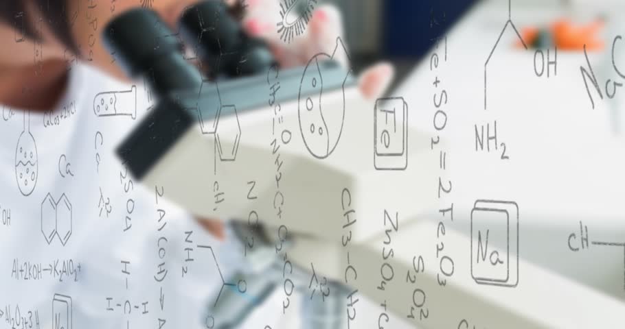Female scientist in lab placing slide and adjusting focus analyzing sample with chemical diagrams. Research, laboratory, scientific, microscopy, innovation, analysis, chemical